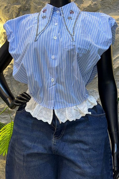 Embellished Collar Striped Blouse Lavish Daily