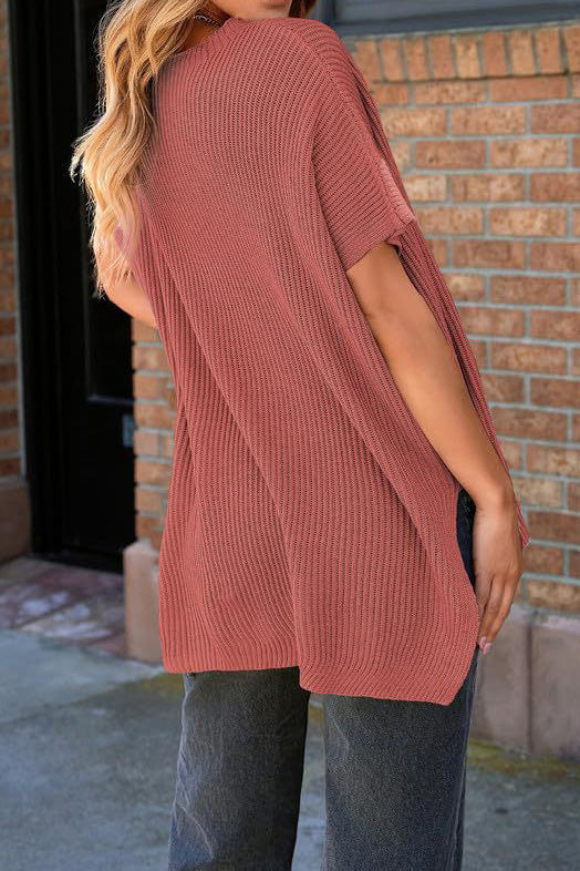 Short Sleeve Side Slit Oversized Sweater Lavish Daily