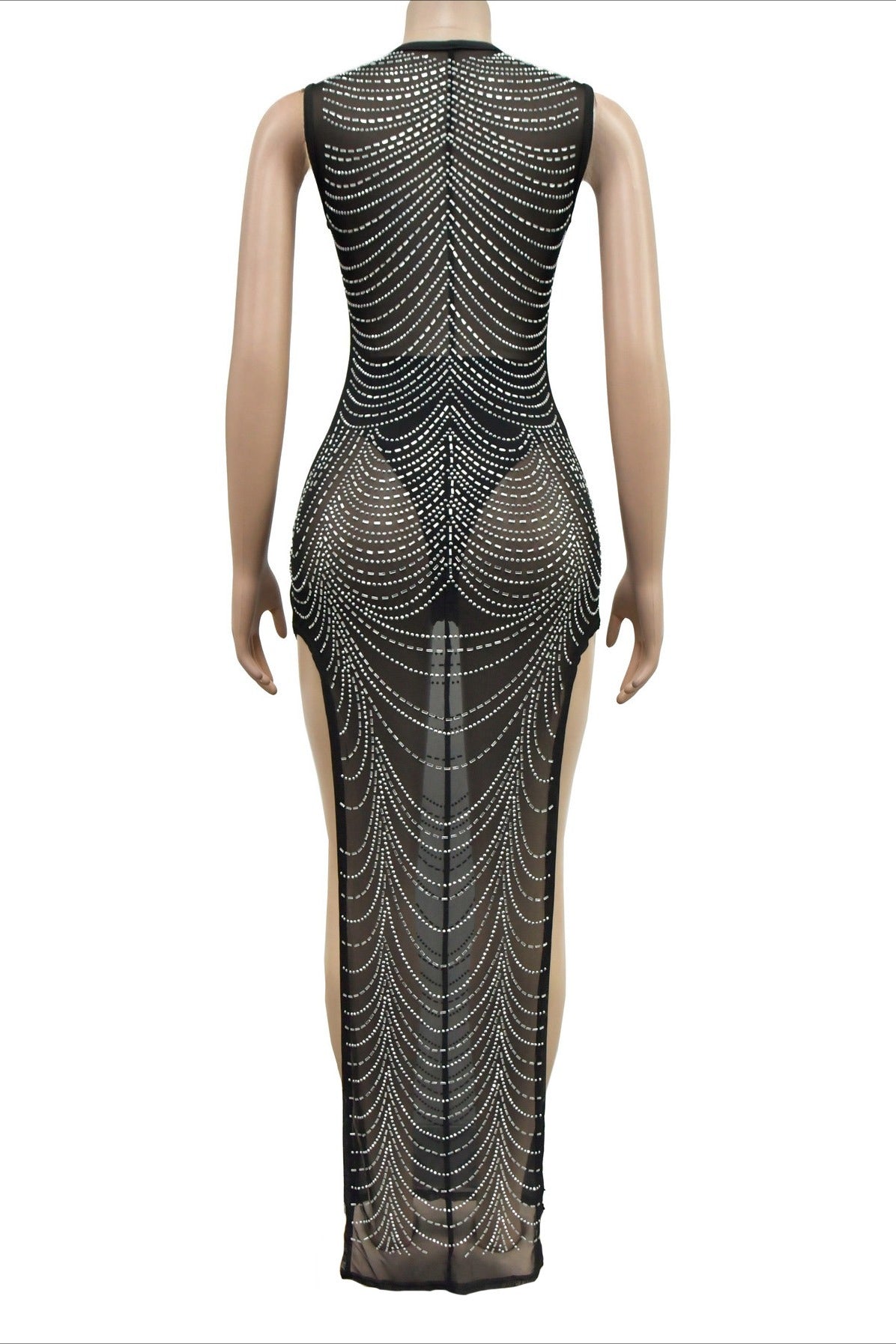 Sheer Rhinestone High Slit Gown Lavish Daily