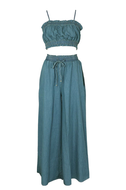 Smocked Crop Top & Wide Leg Pants Set Lavish Daily