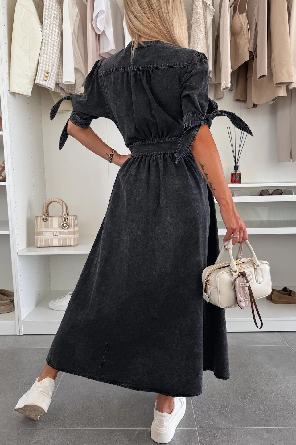 Single-Breasted V-Neck Denim Dress Lavish Daily
