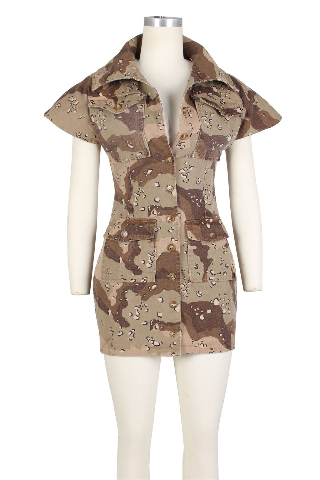 Camo Lapel Sleeveless Button Down Mini Dress Lavish Daily