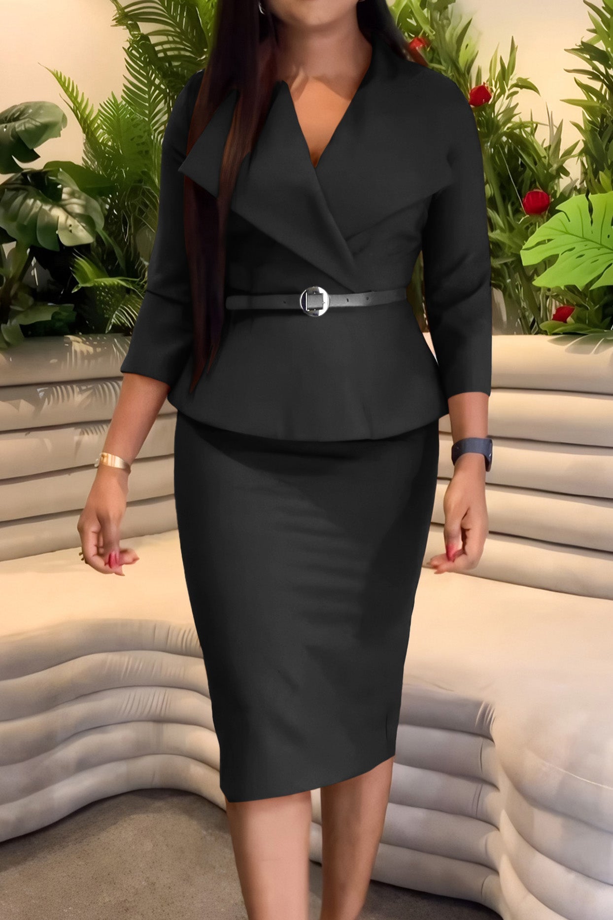 3/4 Sleeve Belted Sheath Work Dress Lavish Daily