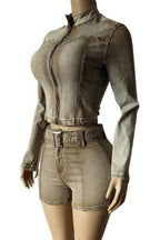 Washed Denim Zip Up Top & Shorts Set Lavish Daily