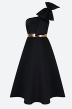 Single Shoulder Bow Detail Flare Midi Dress Lavish Daily