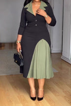 Collared Waist-Drawn Colorblock Pleated Dress Lavish Daily