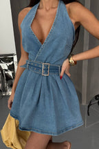 Deep-V Denim Halter Mini Dress Lavish Daily