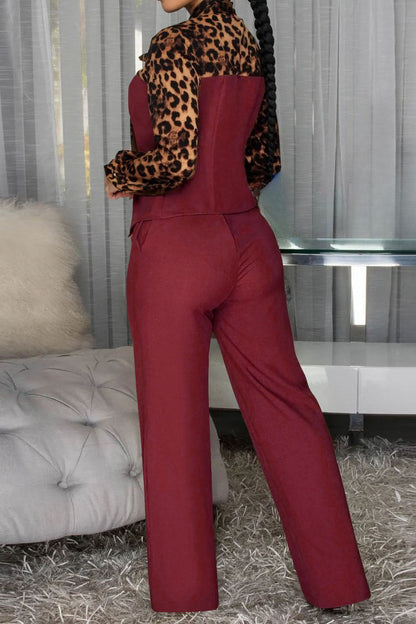 Leopard Print Tie-Neck Tailored Top & Wide Leg Pant Set Lavish Daily