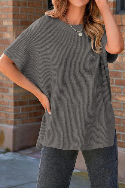 Short Sleeve Side Slit Oversized Sweater Lavish Daily