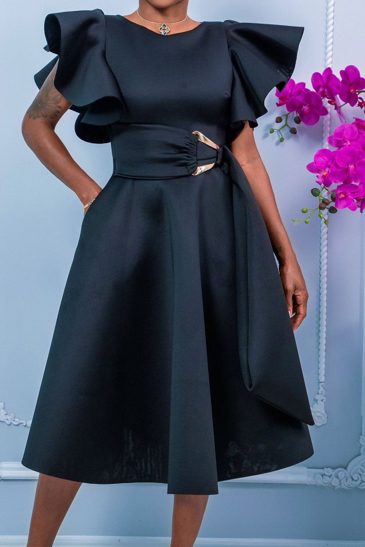 Elegant Ruffle Sleeve Belted Midi Dress Lavish Daily