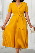Plus Size V-Neck Pleated High Waist Elegant Dress Lavish Daily