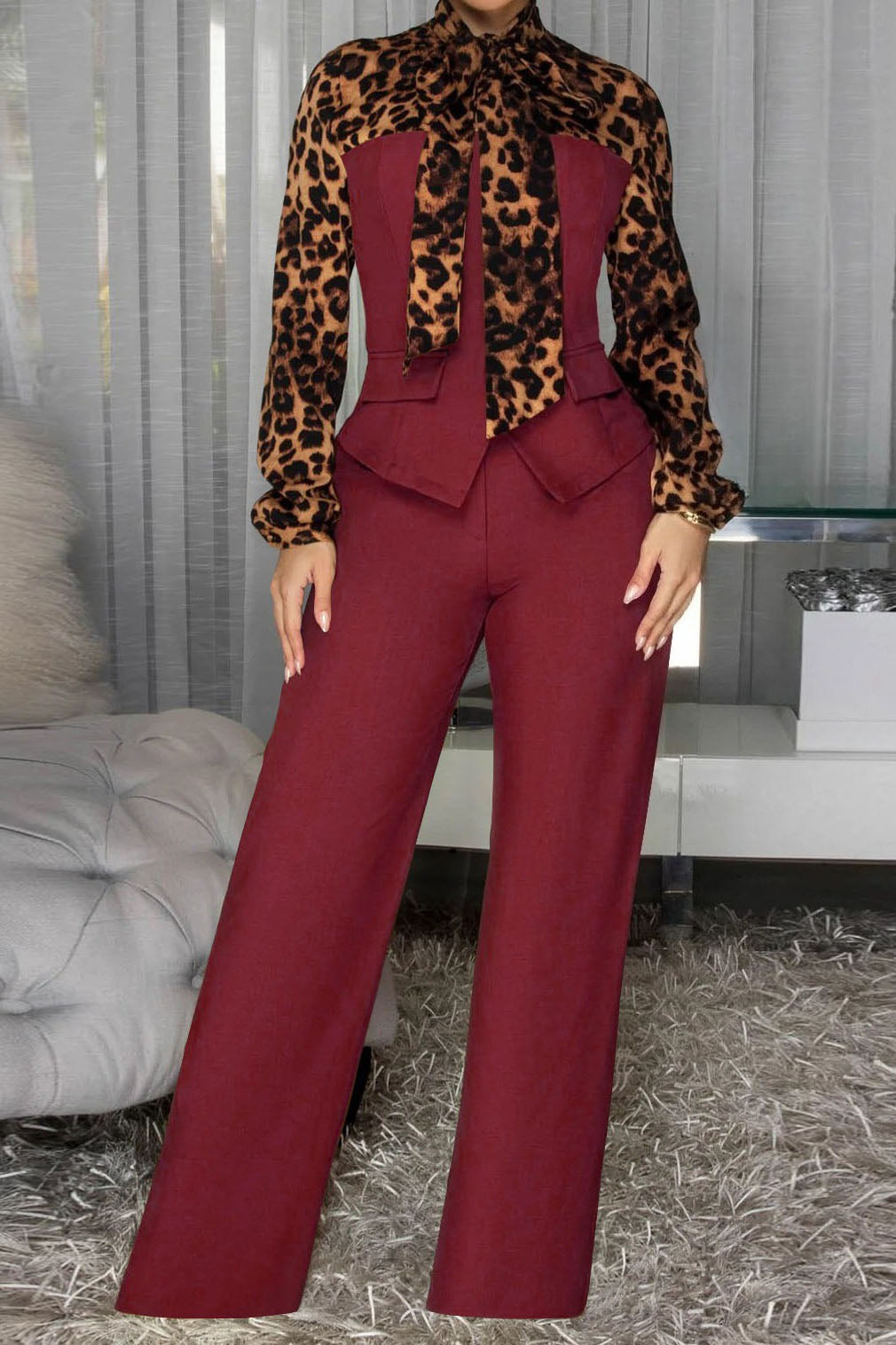 Leopard Print Tie-Neck Tailored Top & Wide Leg Pant Set Lavish Daily