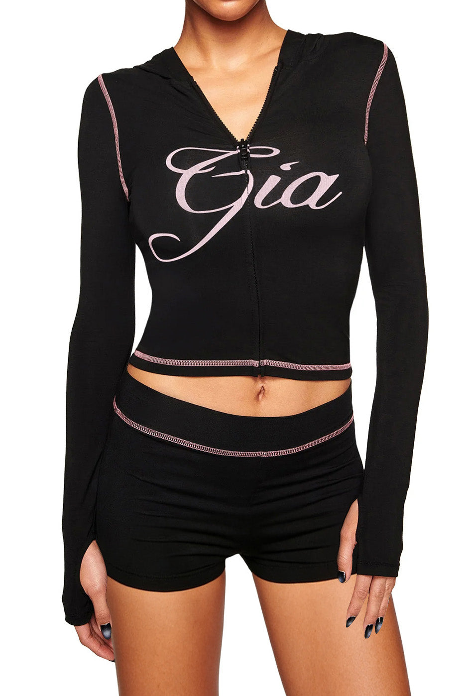Contrast Stitch Crop Hoodie Set Lavish Daily