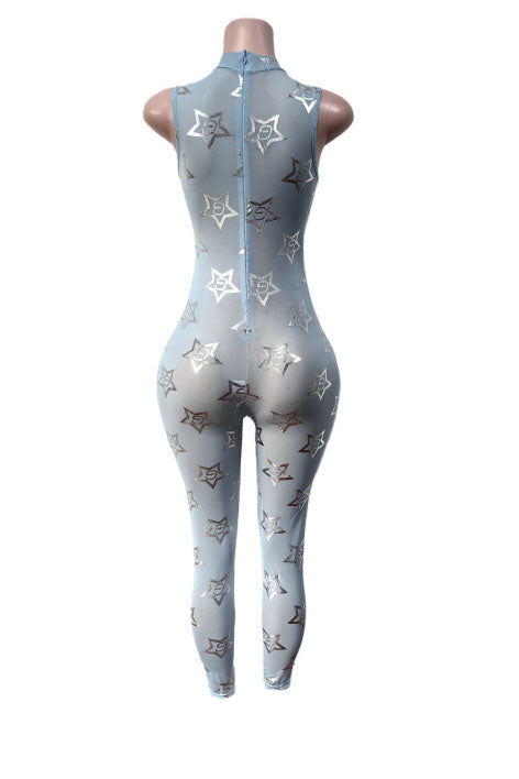 Metallic Star Print Mesh Jumpsuit Lavish Daily