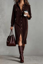 Single Breasted Pocket Shirt Style Midi Dress LavishDaily