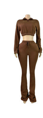 Fleece Crop Top and Flare Pants Set Lavish Daily