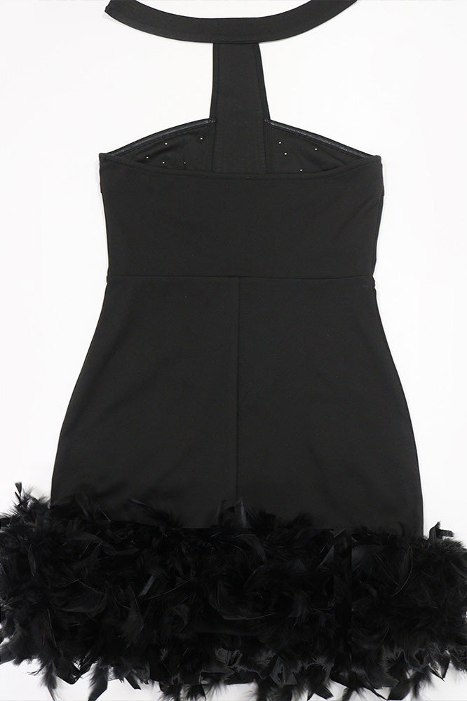 Rhinestone Halter Feather Trim Mini Dress Lavish Daily