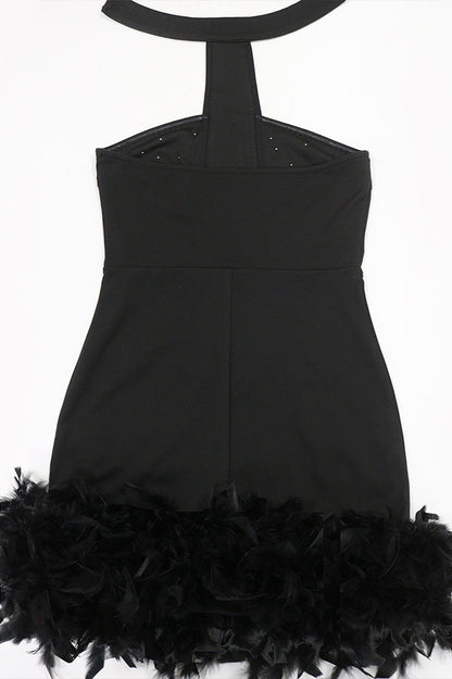 Rhinestone Halter Feather Trim Mini Dress Lavish Daily