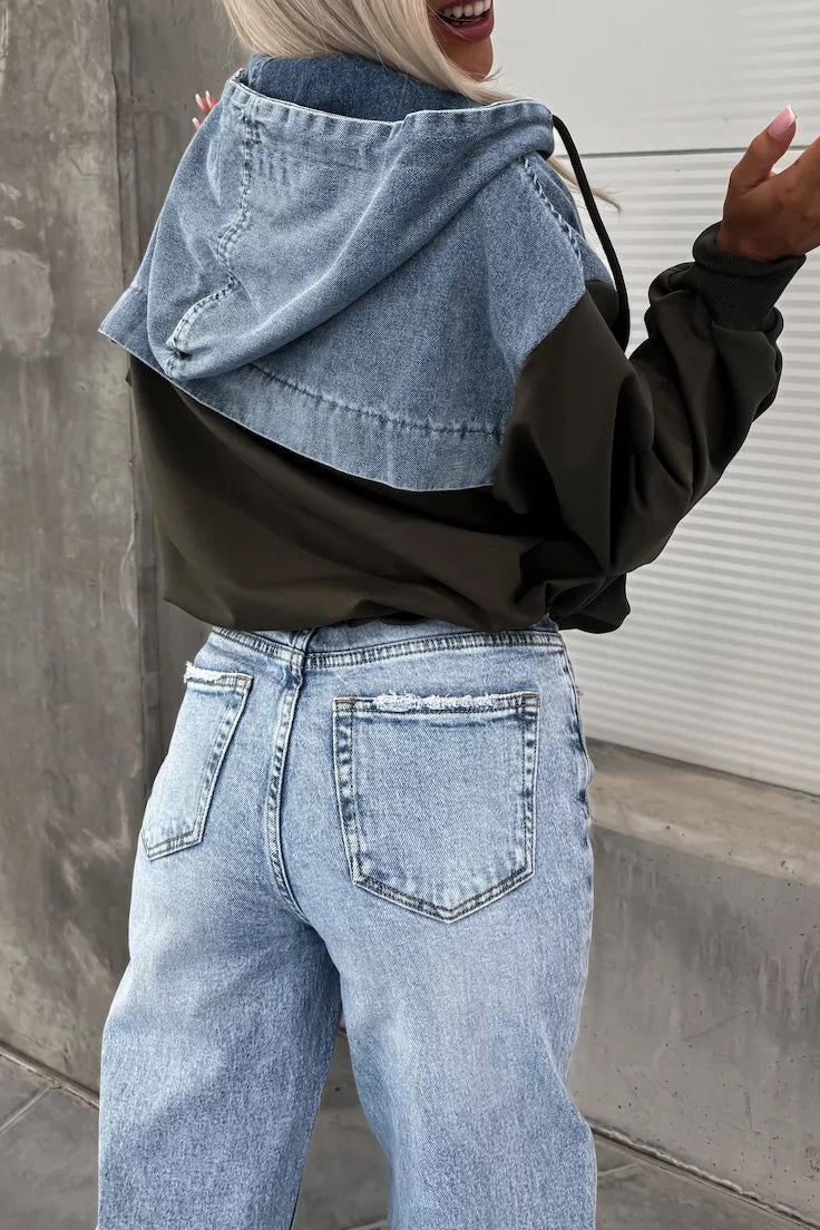 Loose Wash Denim Patchwork Hoodie Lavish Daily