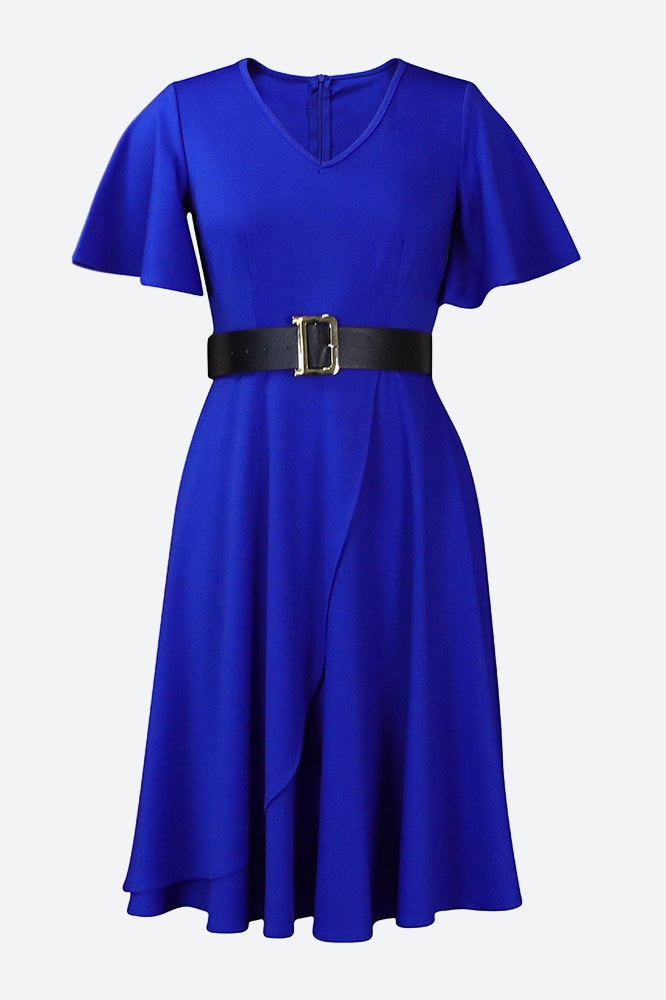 Bell Sleeve Solid Color Belt Dress Lavish Daily