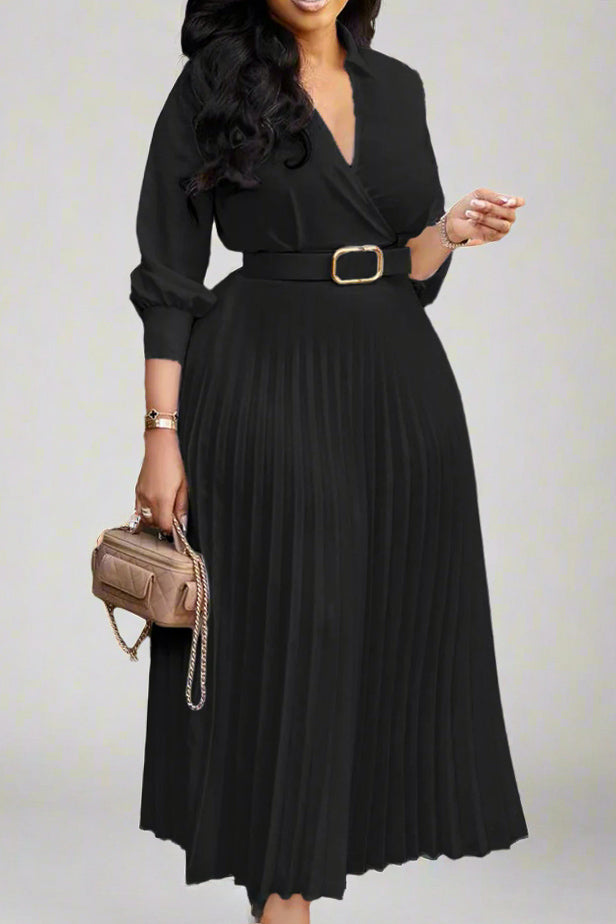 Solid Color Cinched Waist Pleated Long Dress Lavish Daily