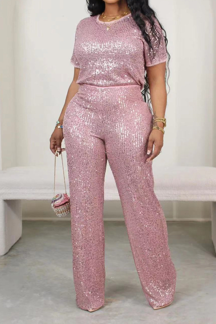 Sequin Solid 2-Piece Set - Tee & Pants Lavish Daily