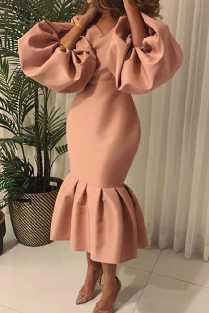 Plus Size Solid Color Puff Sleeve Flounce Dress Lavish Daily