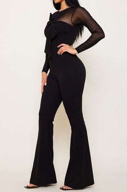 Sheer Mesh Illusion Bow Detail Flared Jumpsuit Lavish Daily
