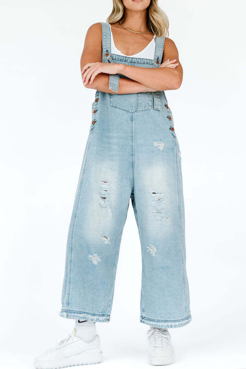 Loose Fit Distressed Denim Overalls Lavish Daily