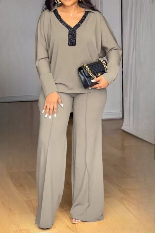 V-Neck Long Sleeve Stretch Fitted Two-Piece Set Lavish Daily