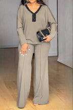 V-Neck Long Sleeve Stretch Fitted Two-Piece Set Lavish Daily