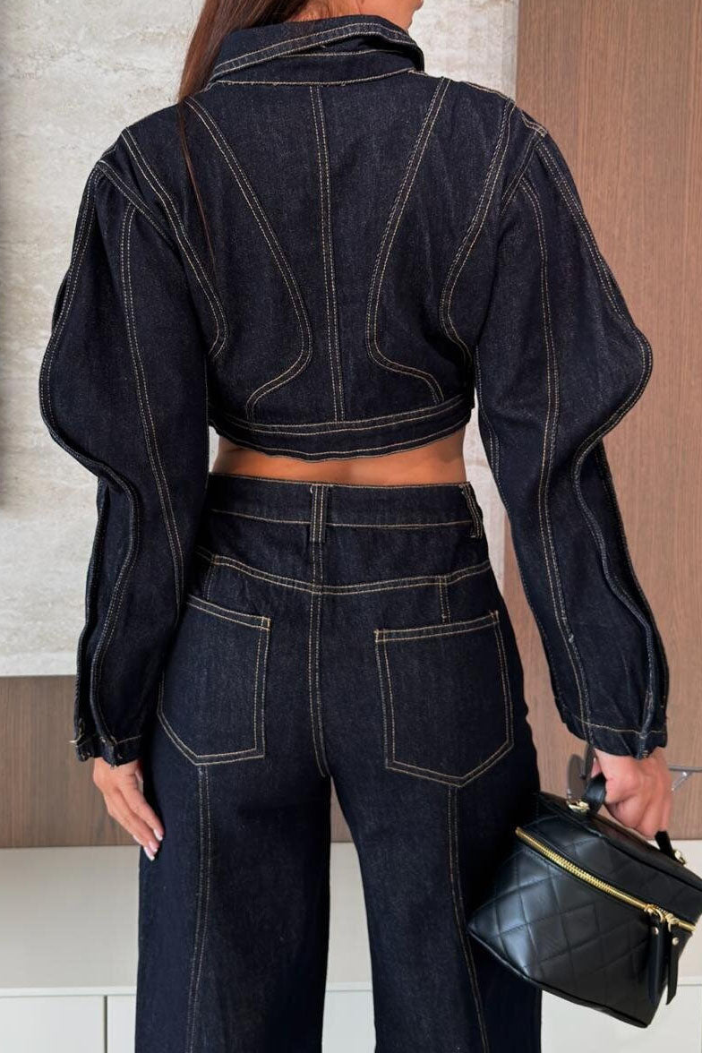 Contrast-Stitch Cropped Denim Jacket Lavish Daily
