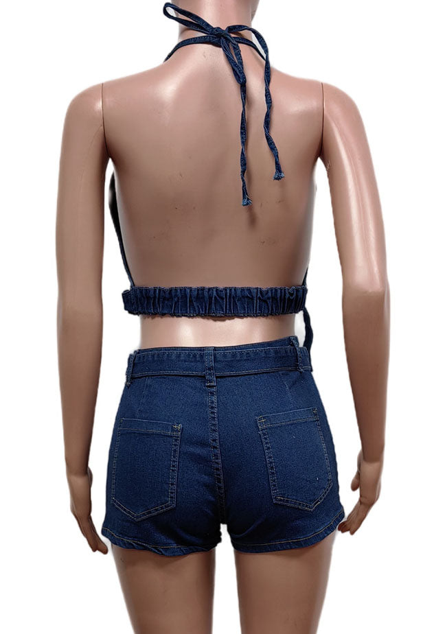 Denim Halter Stretch Shorts Set Lavish Daily