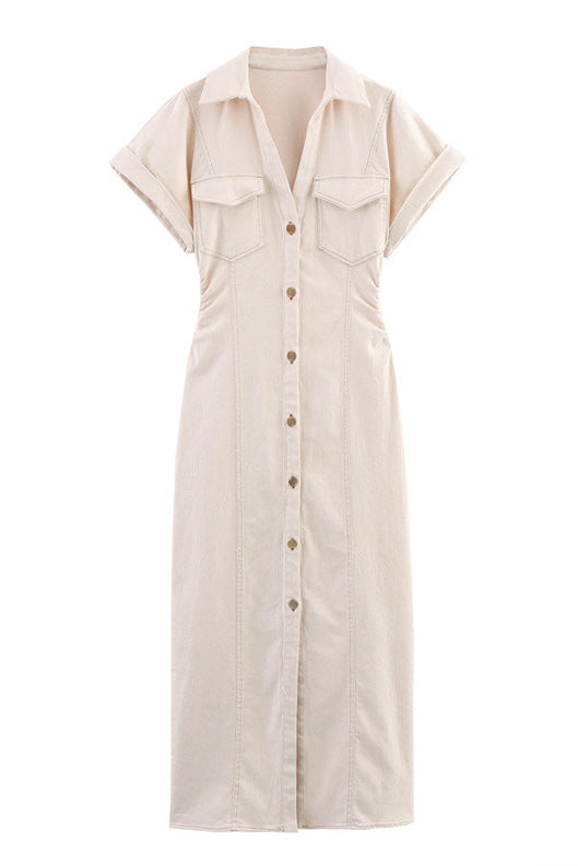 Denim Button Short Sleeve Dress Lavish Daily