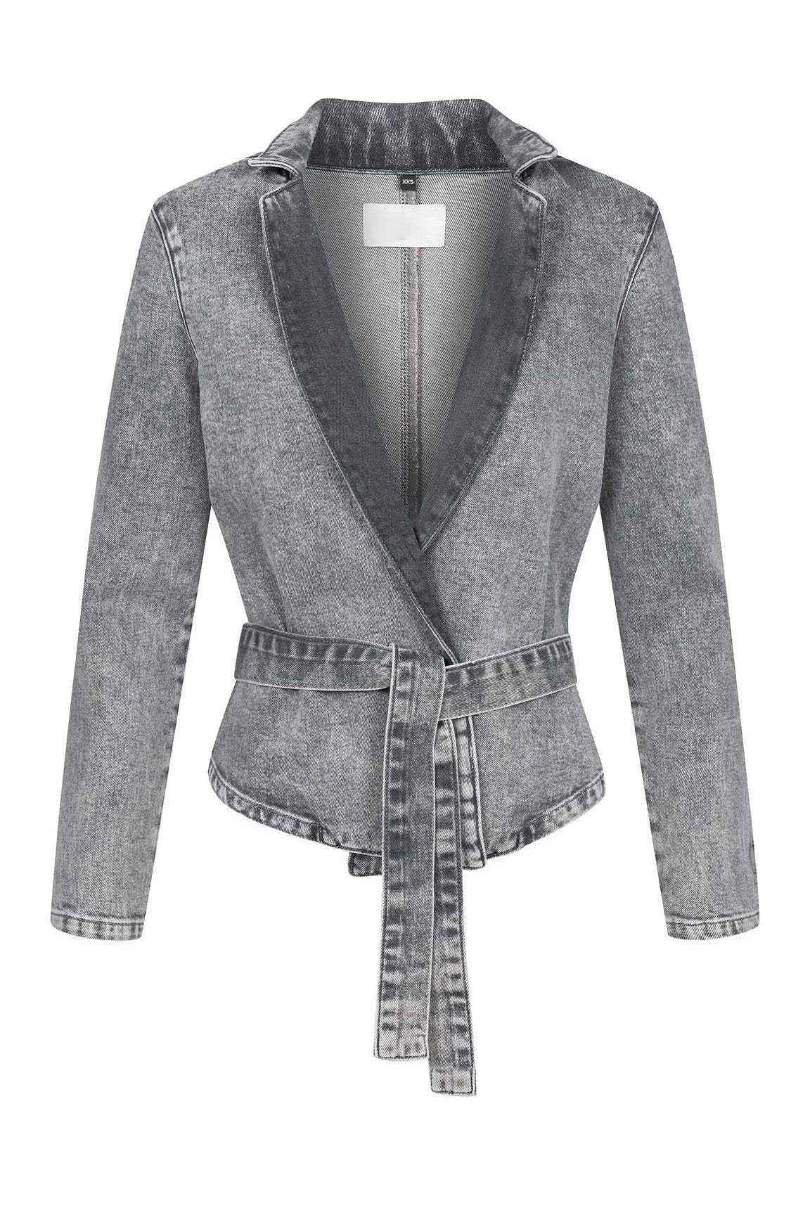 Denim Stand Neck Belted Loose Jacket Lavish Daily