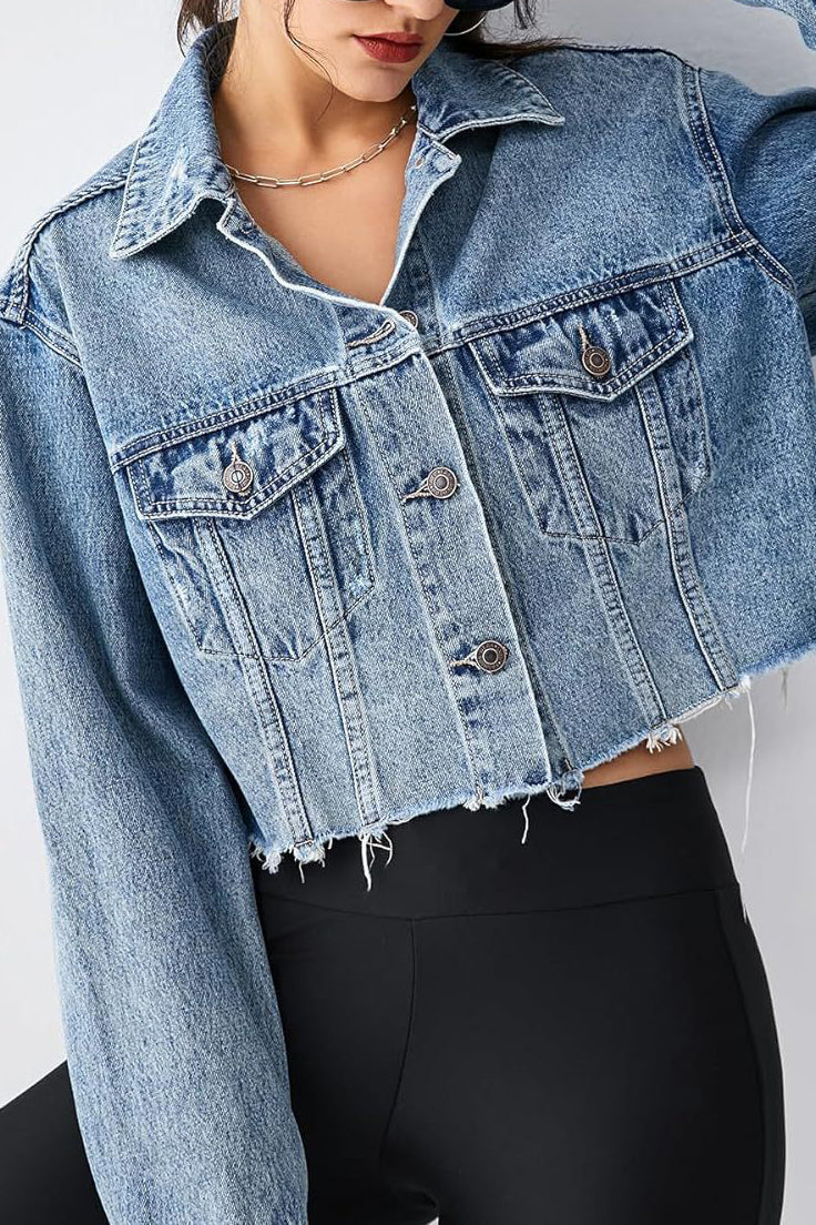 Long Sleeve Cropped Loose Denim Jacket Lavish Daily