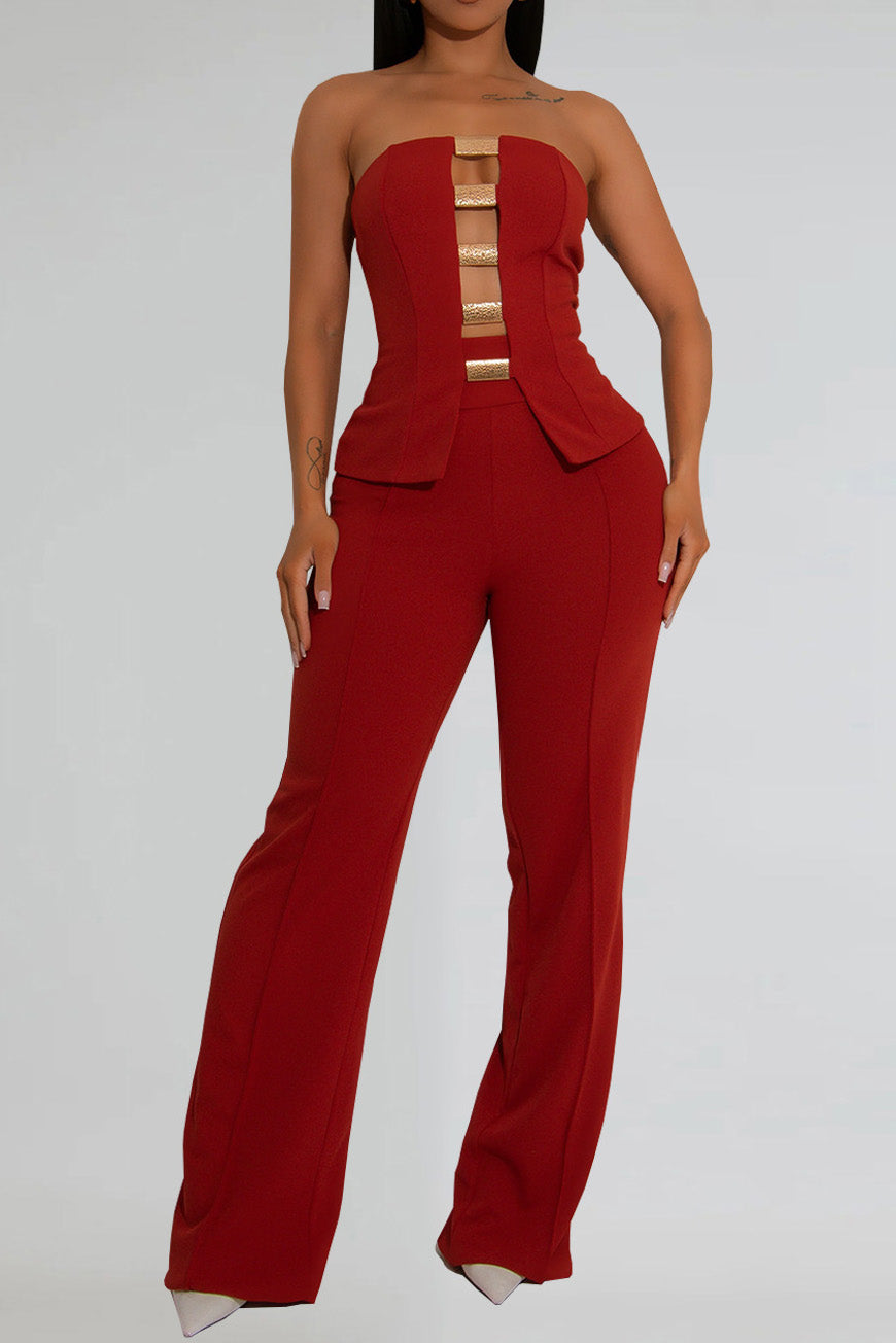 Strapless Gold Button Top & Fitted Pants Set Lavish Daily