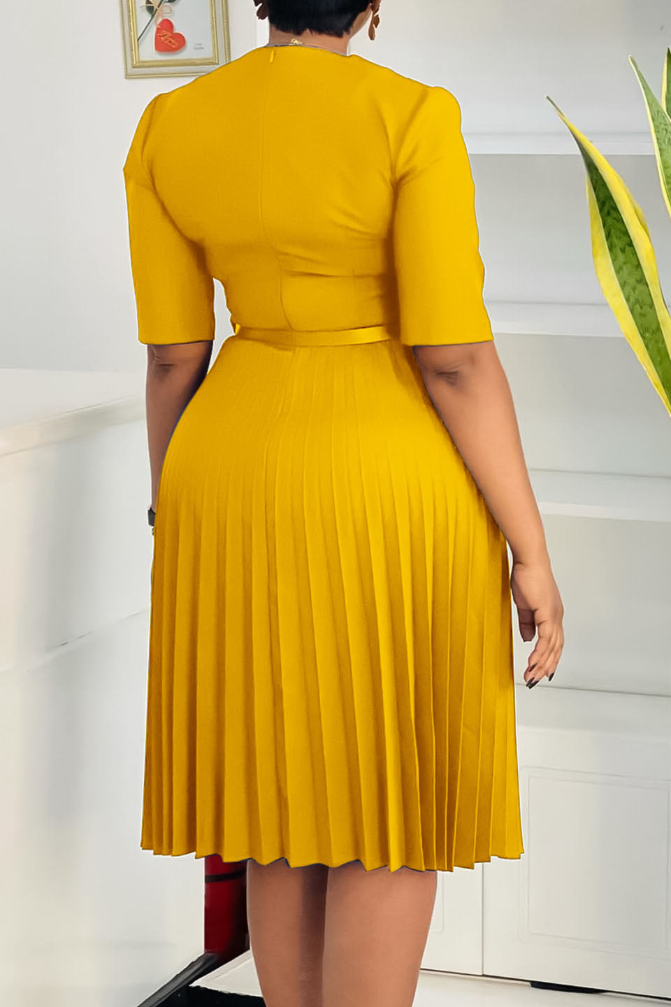 Solid Belted Pleated Dress Lavish Daily