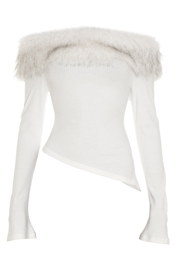 Off Shoulder Fur Trim Flare Sleeve Top Lavish Daily