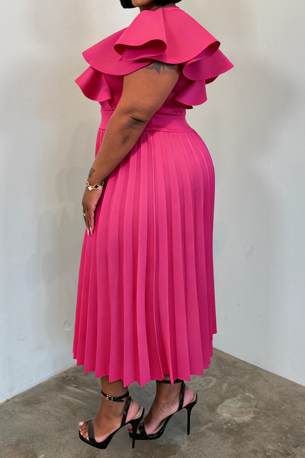 Plus Size Ruffle Sleeve Pleated Dress Lavish Daily