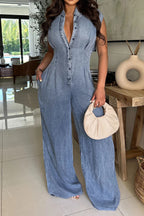 Back Cut Out Denim Jumpsuit Lavish Daily