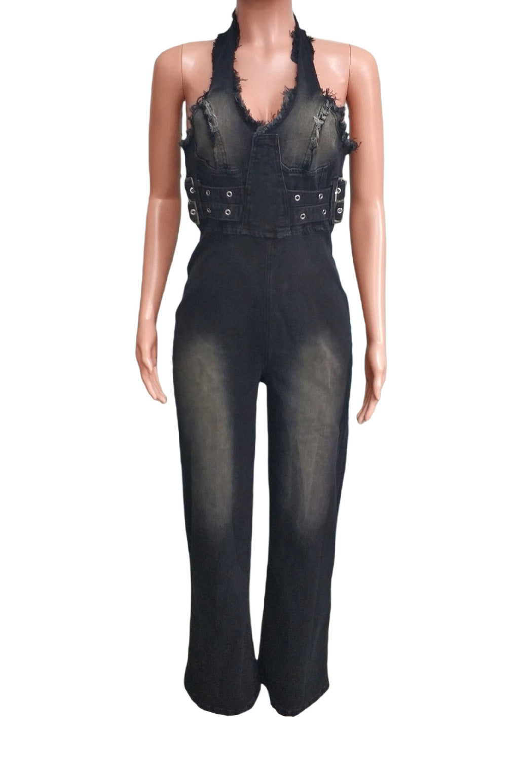 Halter Washed Denim Jumpsuit Lavish Daily