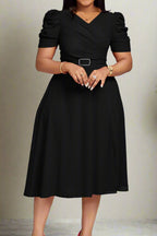 V Neck Short Puff Sleeves High Waist Midi Dress Lavish Daily