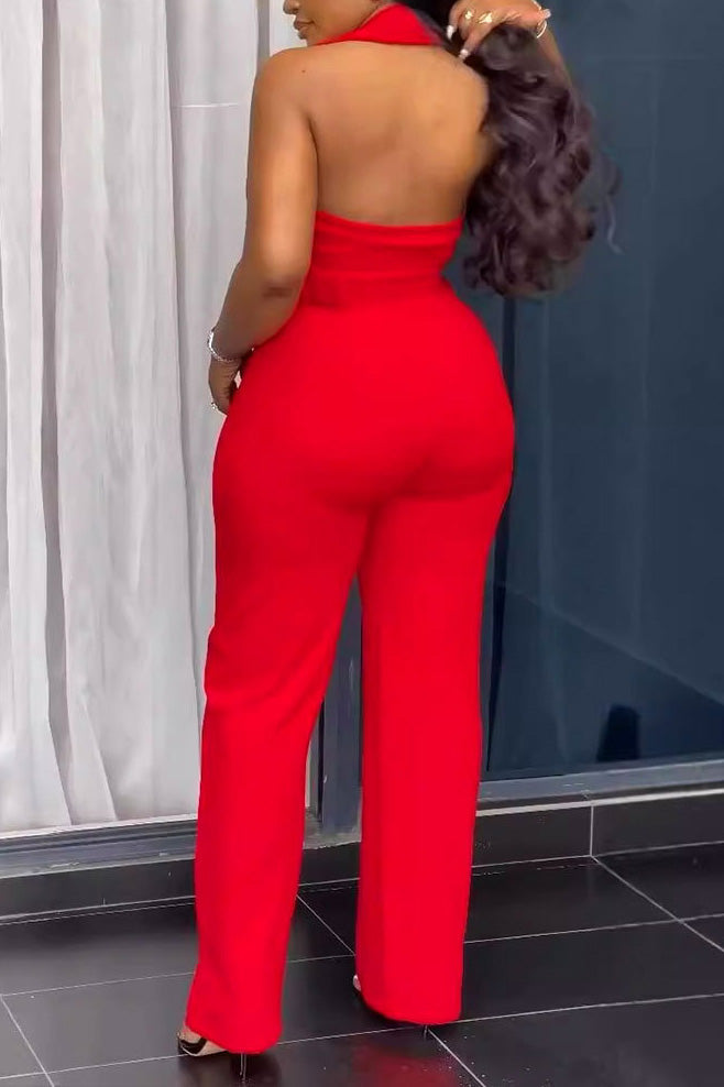 Halter Backless V-Neck Jumpsuit Lavish Daily