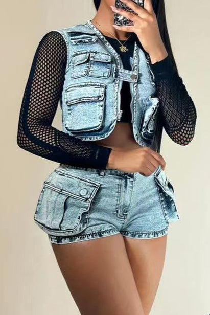 Denim Utility Vest & Stretch Shorts Set Lavish Daily