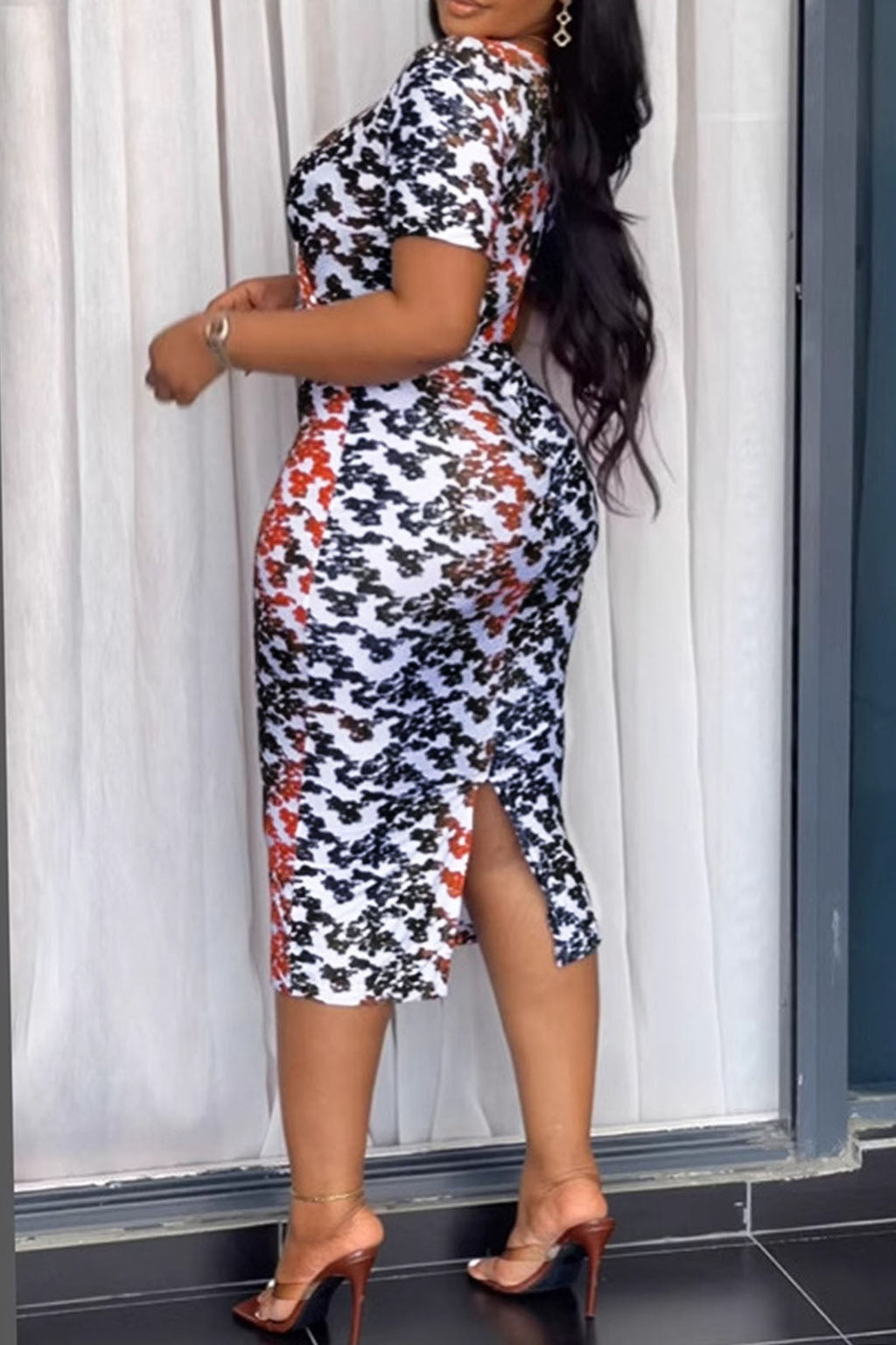 Printed Bodycon Back Slit Dress Lavish Daily