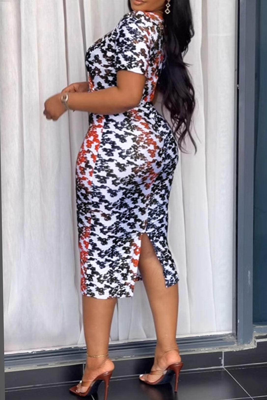Printed Bodycon Back Slit Dress Lavish Daily