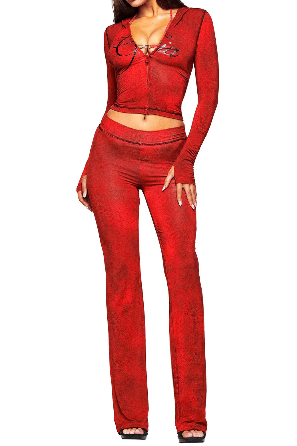 Snake Print Zip Crop & Flare Set Lavish Daily