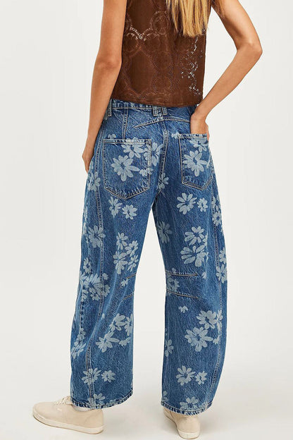 Floral Print Relaxed Barrel Leg Jeans Lavish Daily