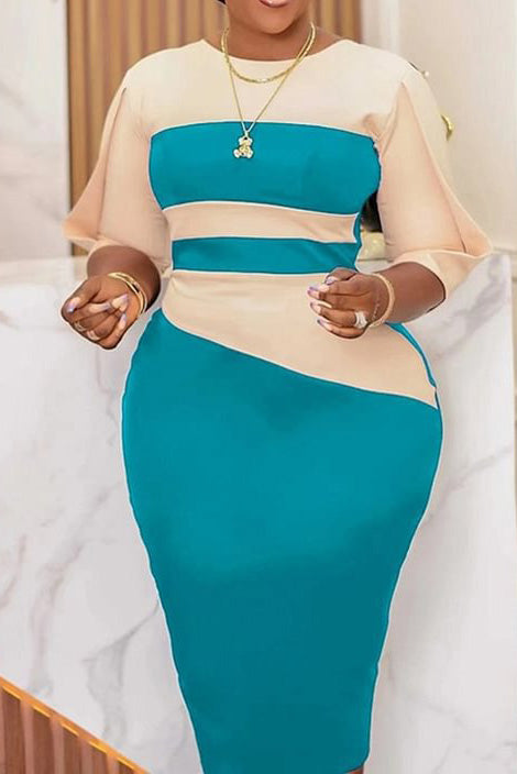 Plus Size 3/4 Sleeve Color Block Bodycon Dress Lavish Daily